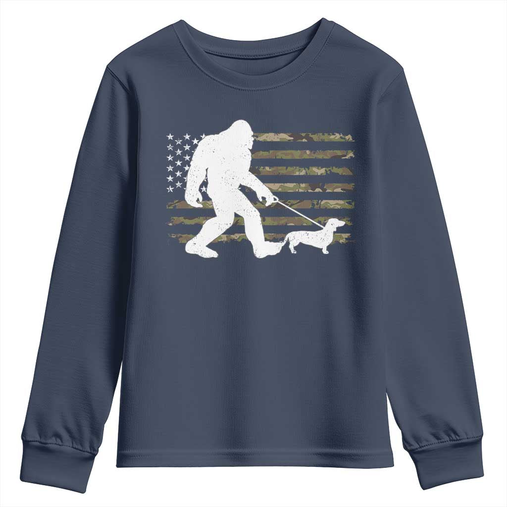 Bigfoot Walking Dachshund Youth Sweatshirt Sasquatch Camo American Flag USA Military Patriotic TS10 Navy Print Your Wear