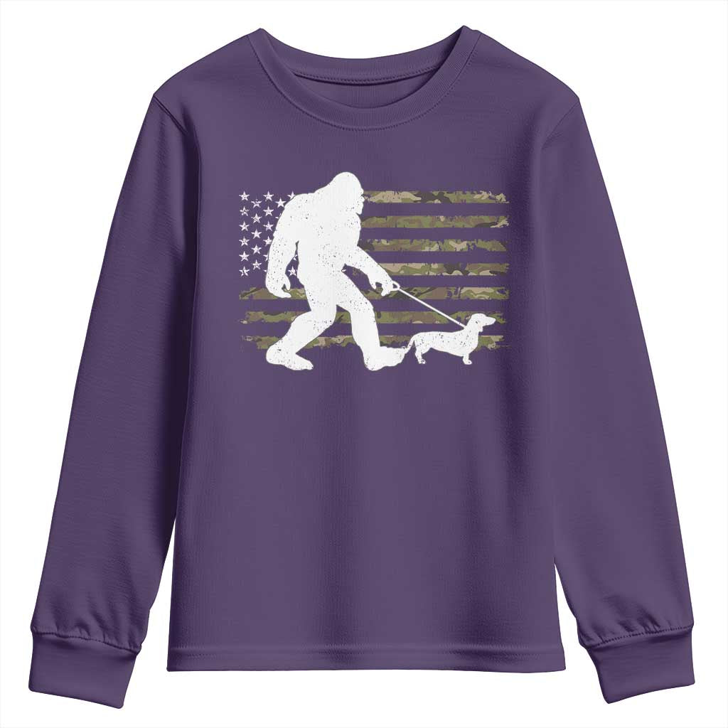 Bigfoot Walking Dachshund Youth Sweatshirt Sasquatch Camo American Flag USA Military Patriotic TS10 Purple Print Your Wear