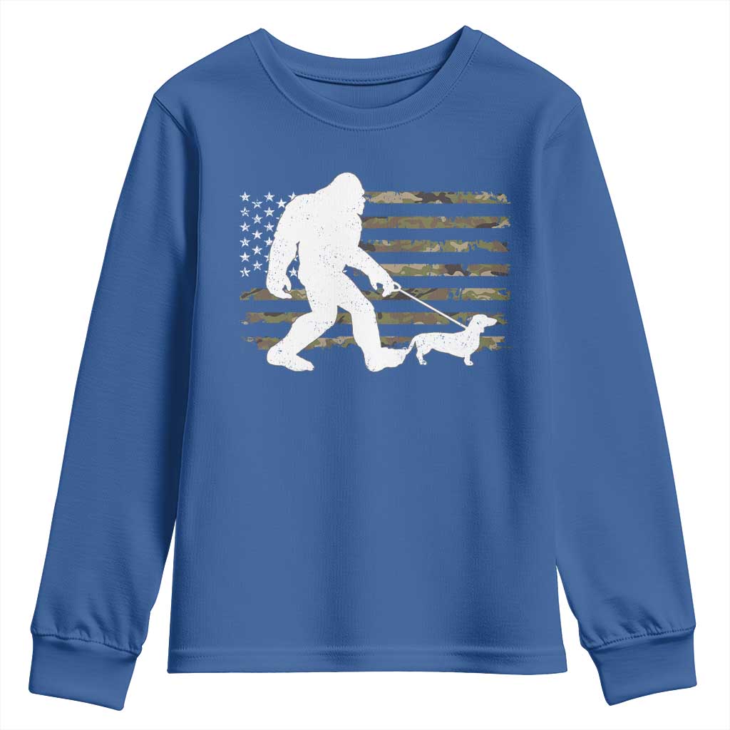 Bigfoot Walking Dachshund Youth Sweatshirt Sasquatch Camo American Flag USA Military Patriotic TS10 Royal Blue Print Your Wear