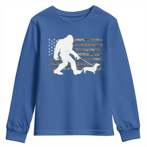 Bigfoot Walking Dachshund Youth Sweatshirt Sasquatch Camo American Flag USA Military Patriotic TS10 Royal Blue Print Your Wear
