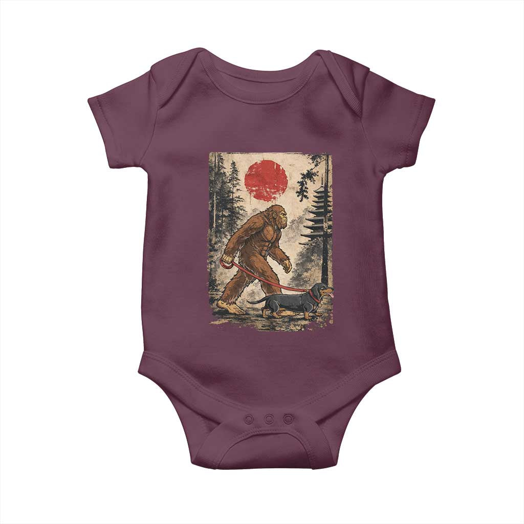 Bigfoot Dachshund Lovers Baby Onesie Japanese Vintage Graphic Ukiyo-e Art Sasquatch Wiener Dog Gift TS10 Maroon Print Your Wear