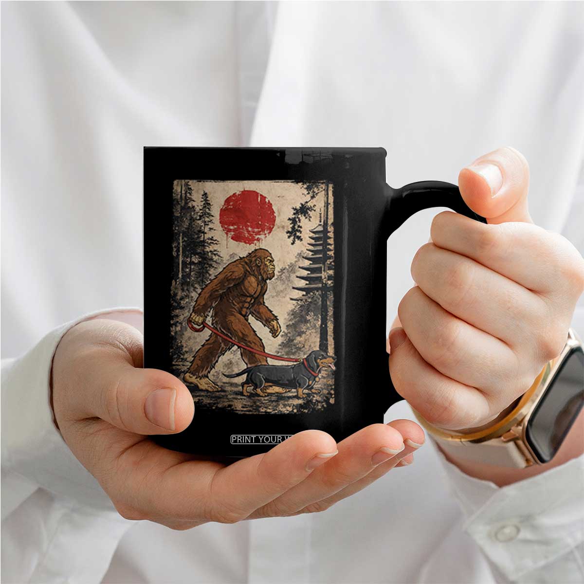 Bigfoot Dachshund Lovers Coffee Mug Japanese Vintage Graphic Ukiyo-e Art Sasquatch Wiener Dog Gift TS10 Print Your Wear