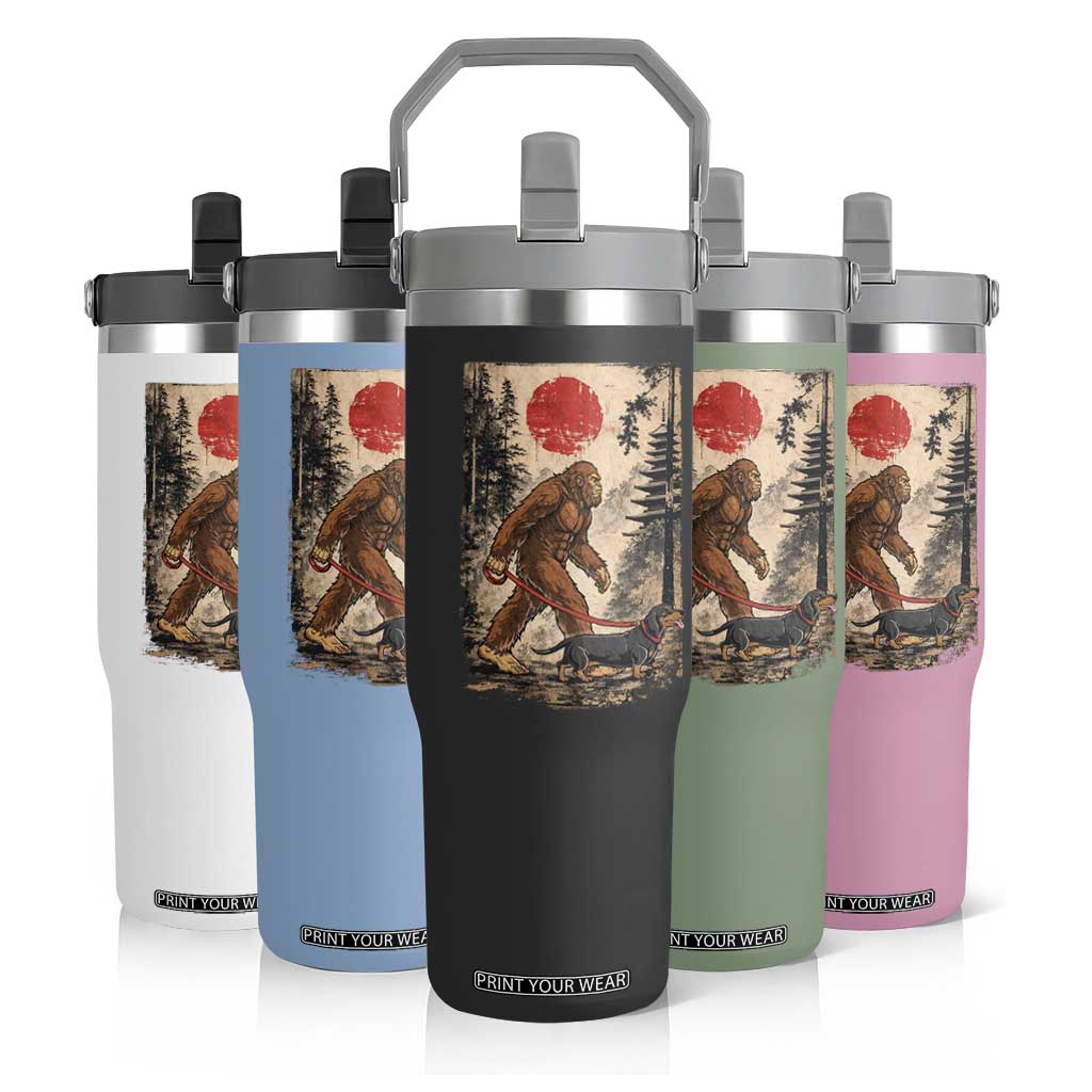 Bigfoot Dachshund Lovers Flip Straw Tumbler Japanese Vintage Graphic Ukiyo-e Art Sasquatch Wiener Dog Gift TS10 Print Your Wear