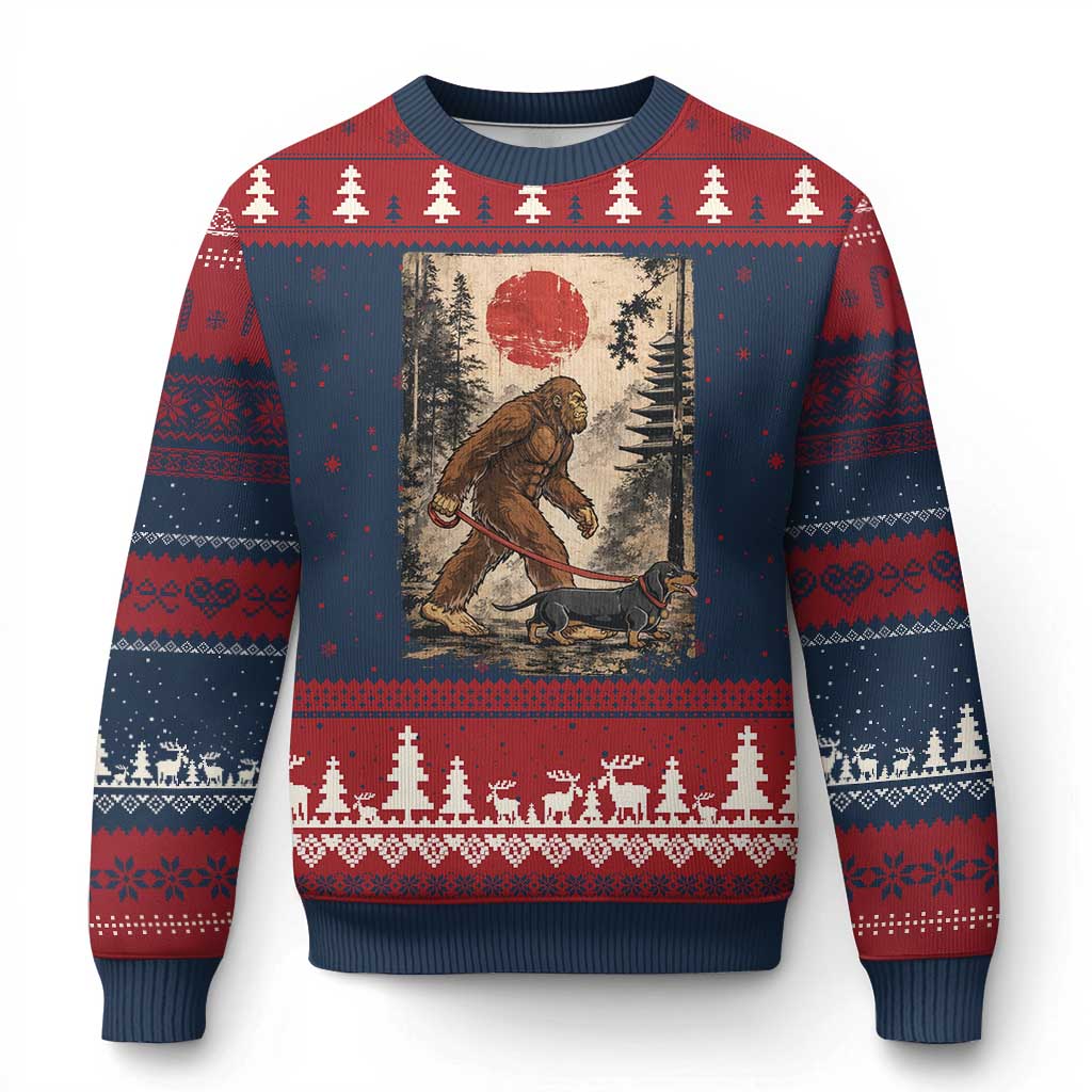 Bigfoot Dachshund Lovers Ugly Christmas Sweater Japanese Vintage Graphic Ukiyo-e Art Sasquatch Wiener Dog Gift TS10 Navy Red Print Your Wear