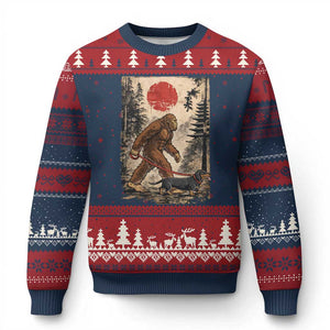 Bigfoot Dachshund Lovers Ugly Christmas Sweater Japanese Vintage Graphic Ukiyo-e Art Sasquatch Wiener Dog Gift TS10 Navy Red Print Your Wear