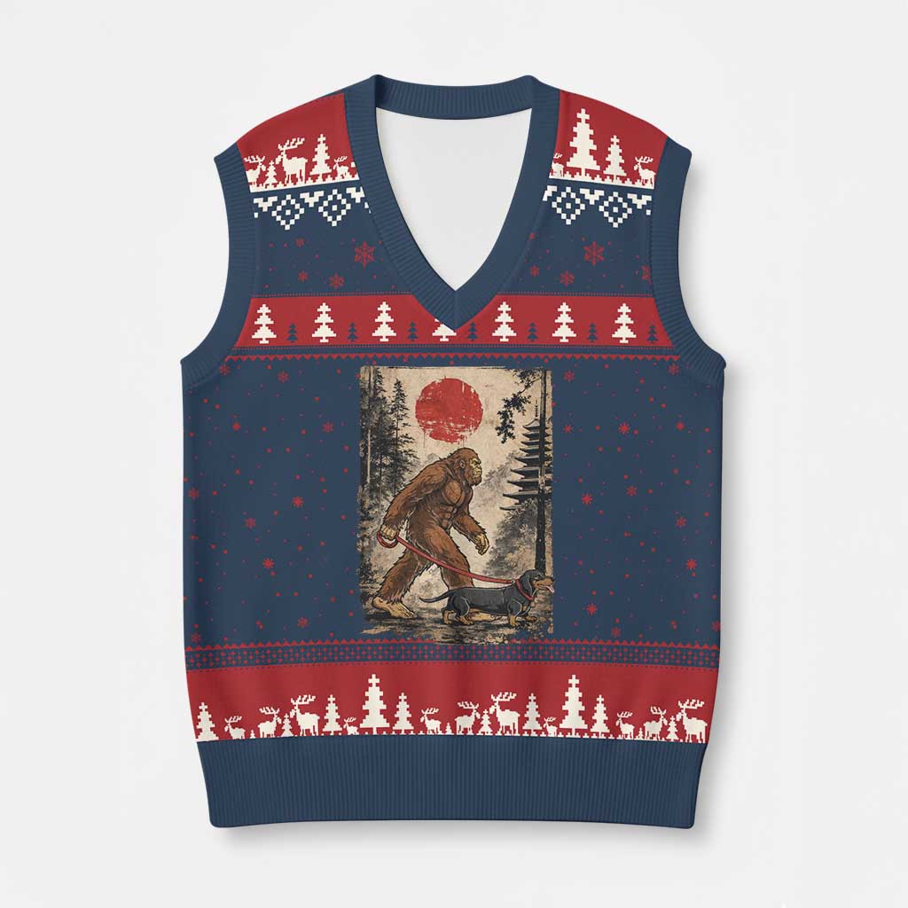 Bigfoot Dachshund Lovers V-Neck Knit Sweater Vest Japanese Vintage Graphic Ukiyo-e Art Sasquatch Wiener Dog Gift TS10 Navy Red Print Your Wear