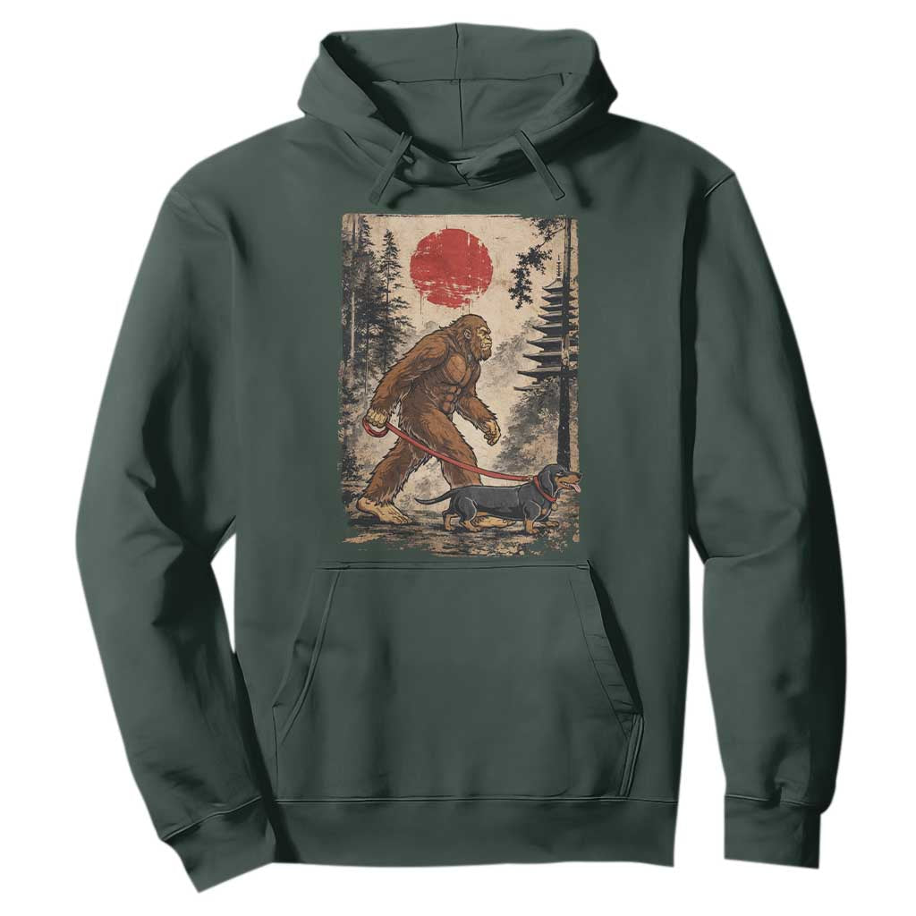 Bigfoot Dachshund Lovers Hoodie Japanese Vintage Graphic Ukiyo-e Art Sasquatch Wiener Dog Gift TS10 Dark Forest Green Print Your Wear