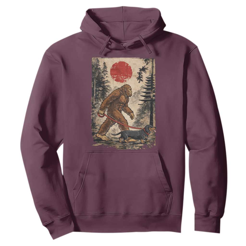 Bigfoot Dachshund Lovers Hoodie Japanese Vintage Graphic Ukiyo-e Art Sasquatch Wiener Dog Gift TS10 Maroon Print Your Wear