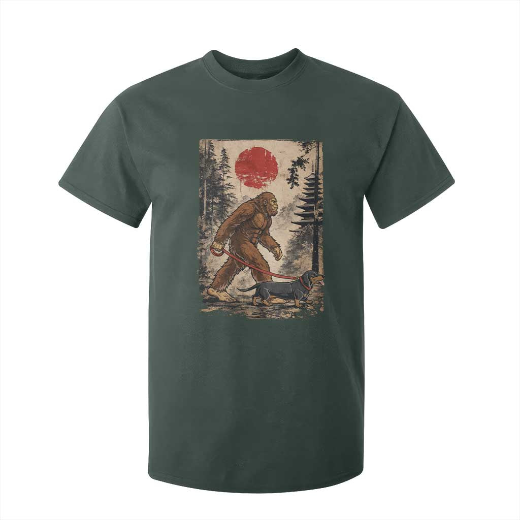 Bigfoot Dachshund Lovers T Shirt For Kid Japanese Vintage Graphic Ukiyo-e Art Sasquatch Wiener Dog Gift TS10 Dark Forest Green Print Your Wear