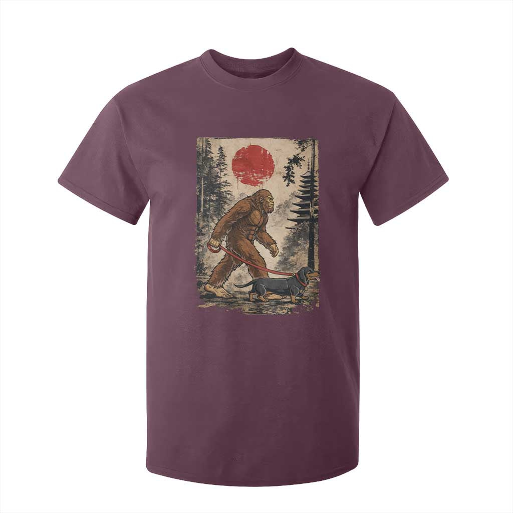 Bigfoot Dachshund Lovers T Shirt For Kid Japanese Vintage Graphic Ukiyo-e Art Sasquatch Wiener Dog Gift TS10 Maroon Print Your Wear
