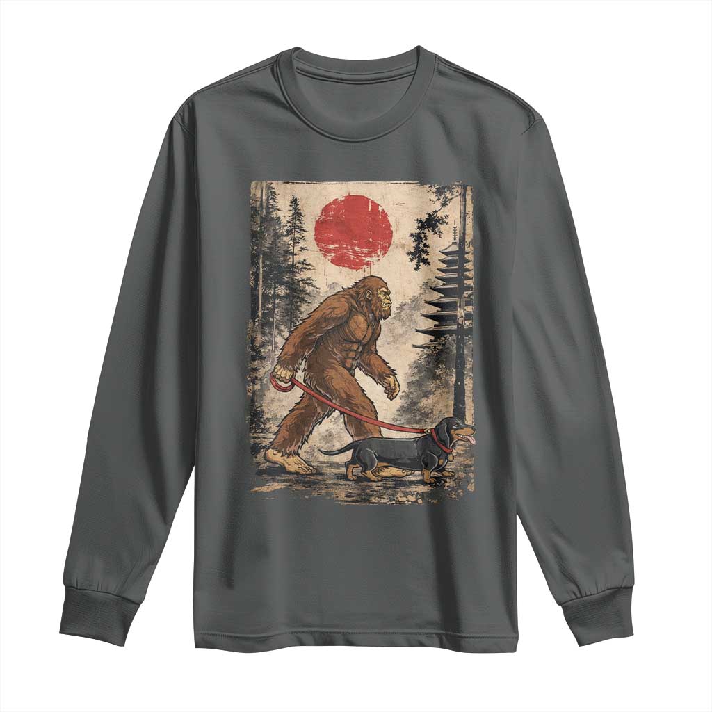 Bigfoot Dachshund Lovers Long Sleeve Shirt Japanese Vintage Graphic Ukiyo-e Art Sasquatch Wiener Dog Gift TS10 Dark Heather Print Your Wear