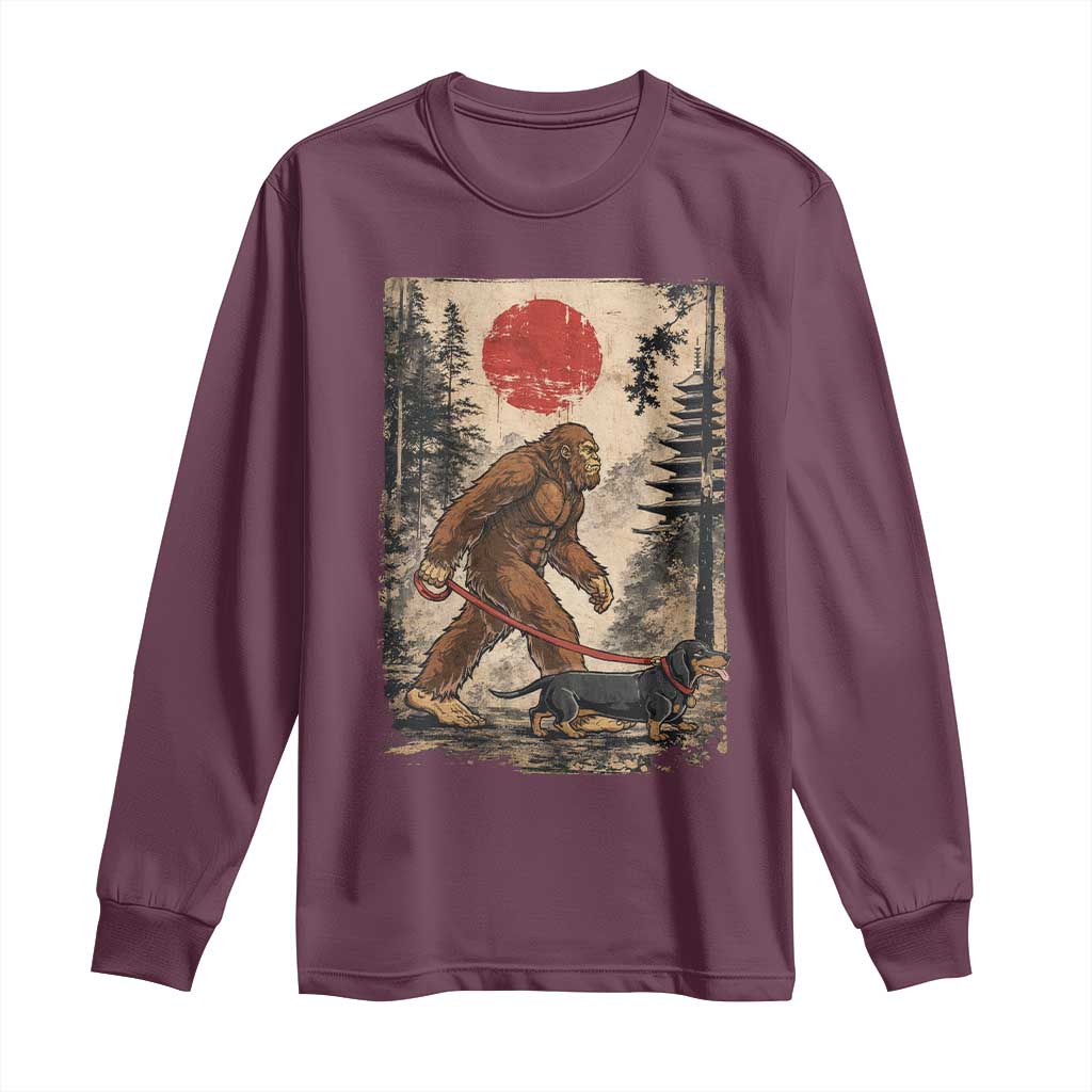 Bigfoot Dachshund Lovers Long Sleeve Shirt Japanese Vintage Graphic Ukiyo-e Art Sasquatch Wiener Dog Gift TS10 Maroon Print Your Wear