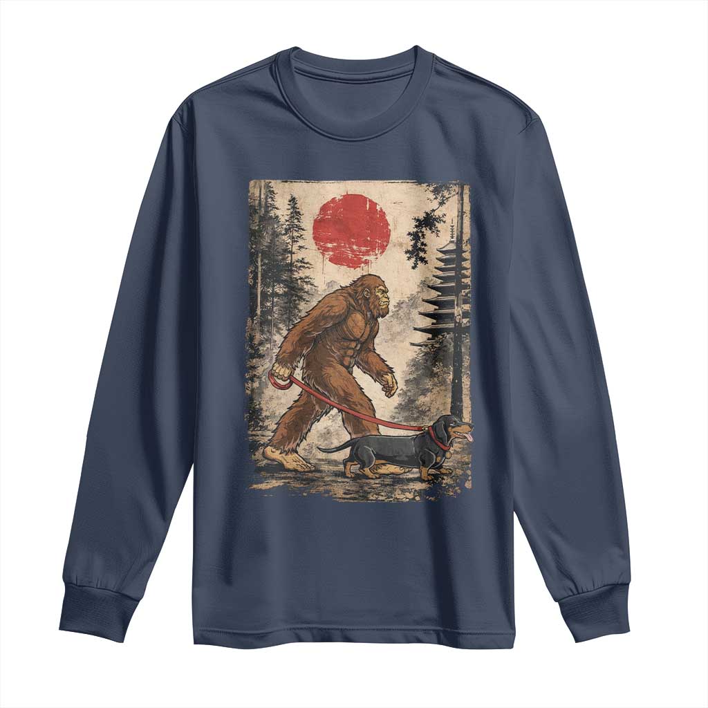 Bigfoot Dachshund Lovers Long Sleeve Shirt Japanese Vintage Graphic Ukiyo-e Art Sasquatch Wiener Dog Gift TS10 Navy Print Your Wear
