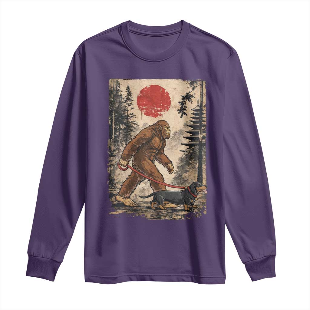 Bigfoot Dachshund Lovers Long Sleeve Shirt Japanese Vintage Graphic Ukiyo-e Art Sasquatch Wiener Dog Gift TS10 Purple Print Your Wear