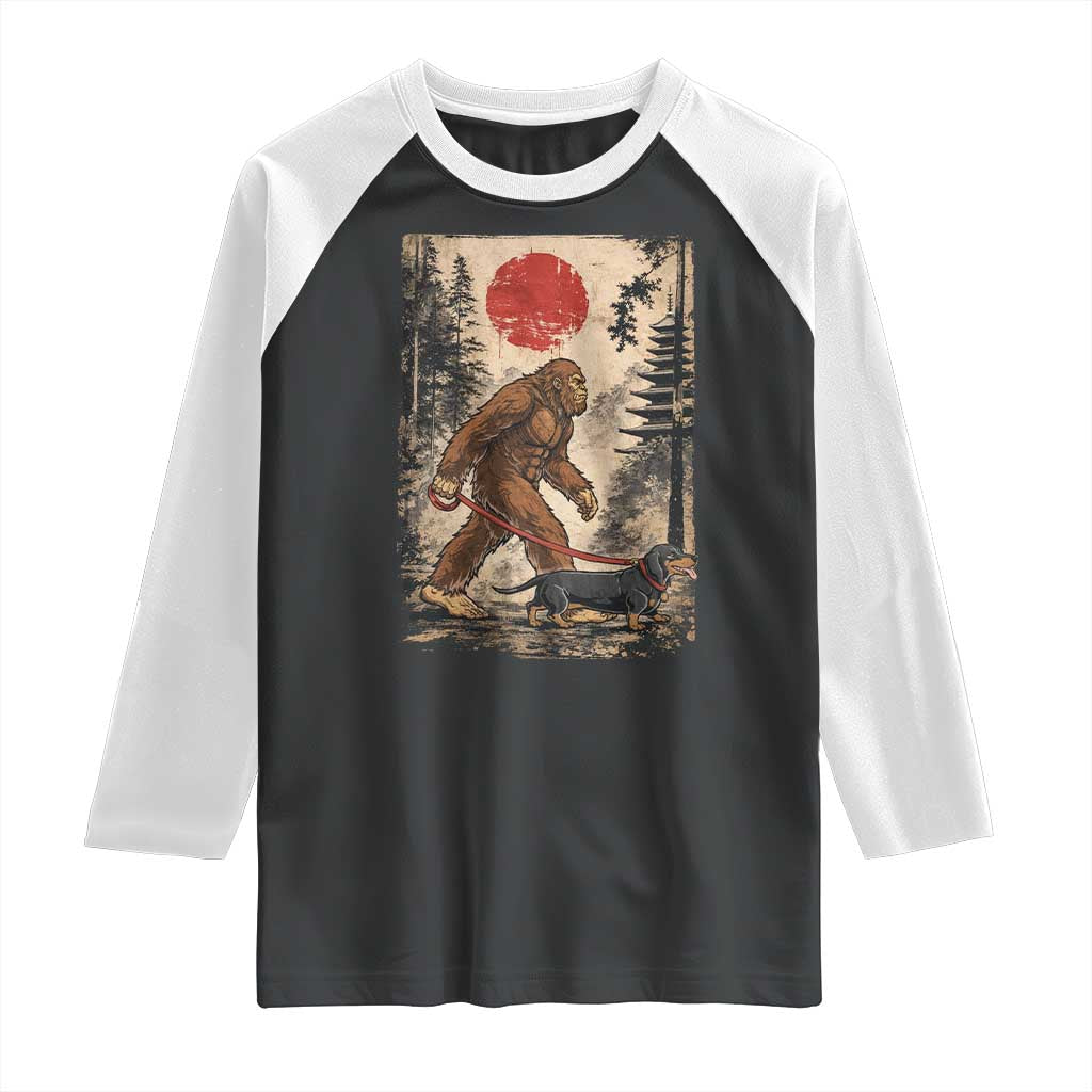 Bigfoot Dachshund Lovers Raglan Shirt Japanese Vintage Graphic Ukiyo-e Art Sasquatch Wiener Dog Gift TS10 Black White Print Your Wear