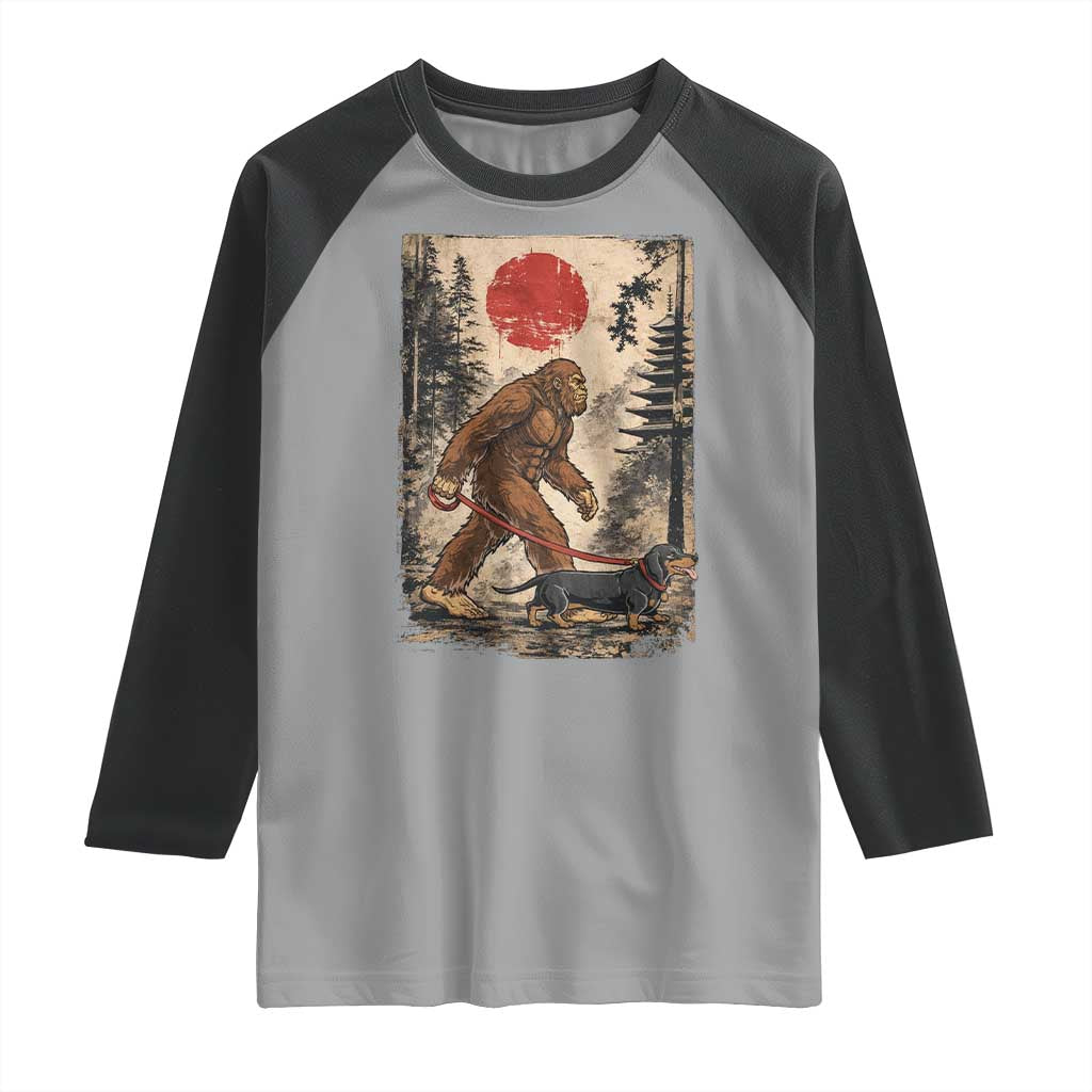 Bigfoot Dachshund Lovers Raglan Shirt Japanese Vintage Graphic Ukiyo-e Art Sasquatch Wiener Dog Gift TS10 Sport Gray Black Print Your Wear