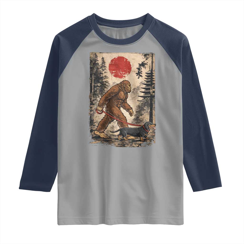Bigfoot Dachshund Lovers Raglan Shirt Japanese Vintage Graphic Ukiyo-e Art Sasquatch Wiener Dog Gift TS10 Sport Gray Navy Print Your Wear