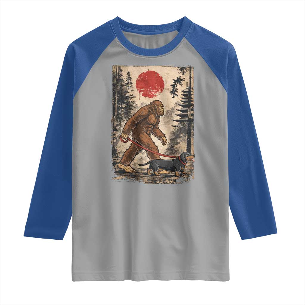 Bigfoot Dachshund Lovers Raglan Shirt Japanese Vintage Graphic Ukiyo-e Art Sasquatch Wiener Dog Gift TS10 Sport Gray Royal Print Your Wear