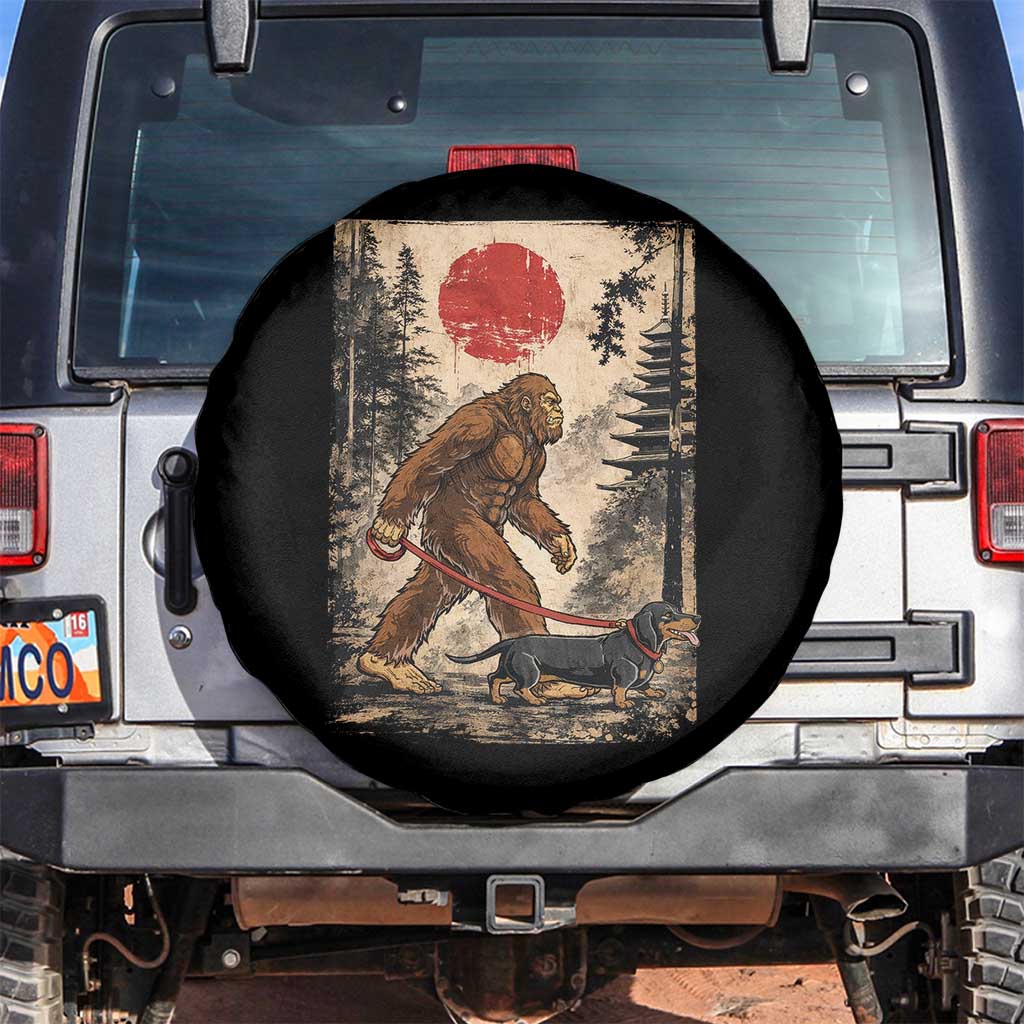 Bigfoot Dachshund Lovers Spare Tire Cover Japanese Vintage Graphic Ukiyo-e Art Sasquatch Wiener Dog Gift TS10 No hole Black Print Your Wear