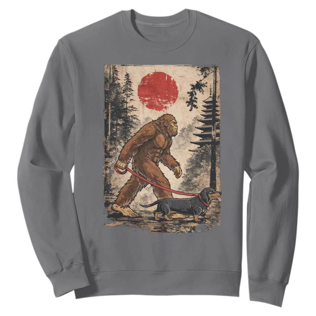 Bigfoot Dachshund Lovers Sweatshirt Japanese Vintage Graphic Ukiyo-e Art Sasquatch Wiener Dog Gift TS10 Charcoal Print Your Wear
