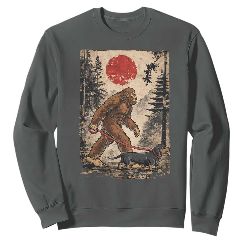 Bigfoot Dachshund Lovers Sweatshirt Japanese Vintage Graphic Ukiyo-e Art Sasquatch Wiener Dog Gift TS10 Dark Heather Print Your Wear