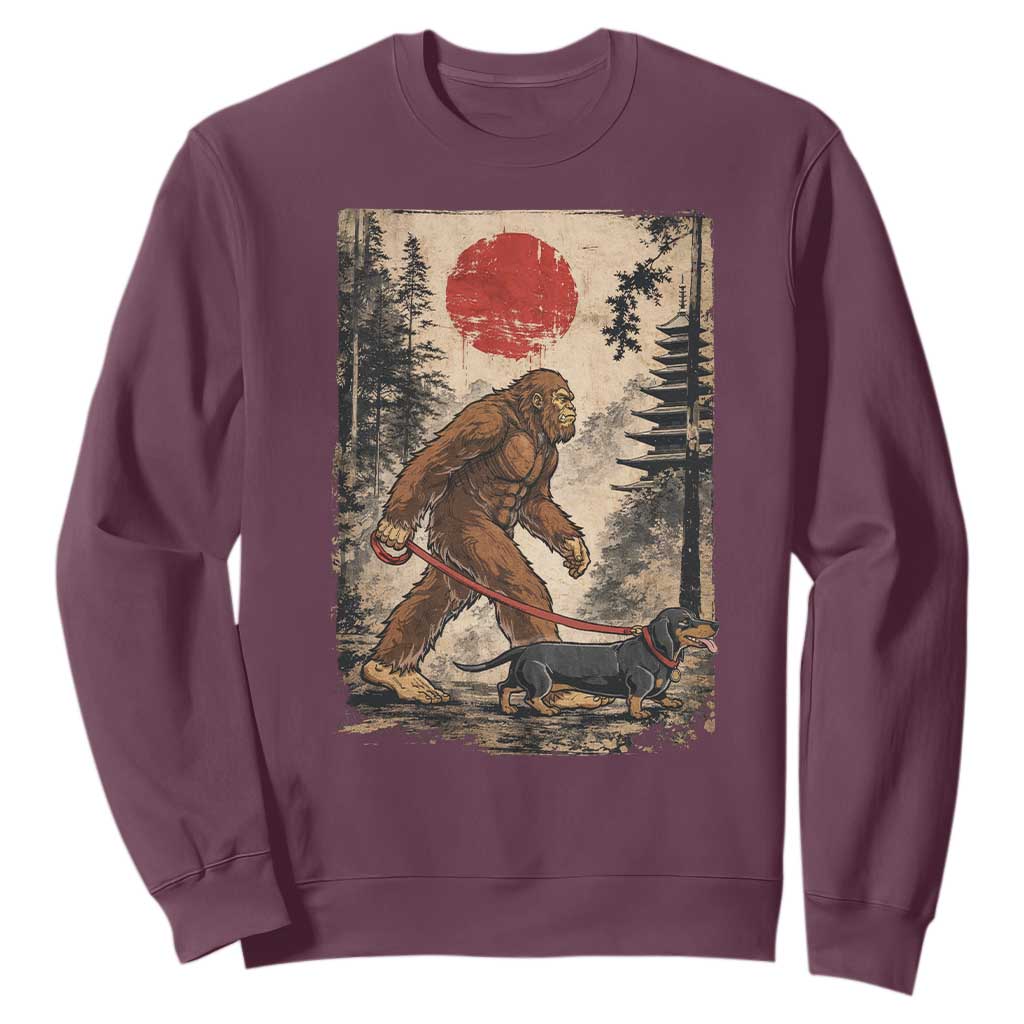Bigfoot Dachshund Lovers Sweatshirt Japanese Vintage Graphic Ukiyo-e Art Sasquatch Wiener Dog Gift TS10 Maroon Print Your Wear