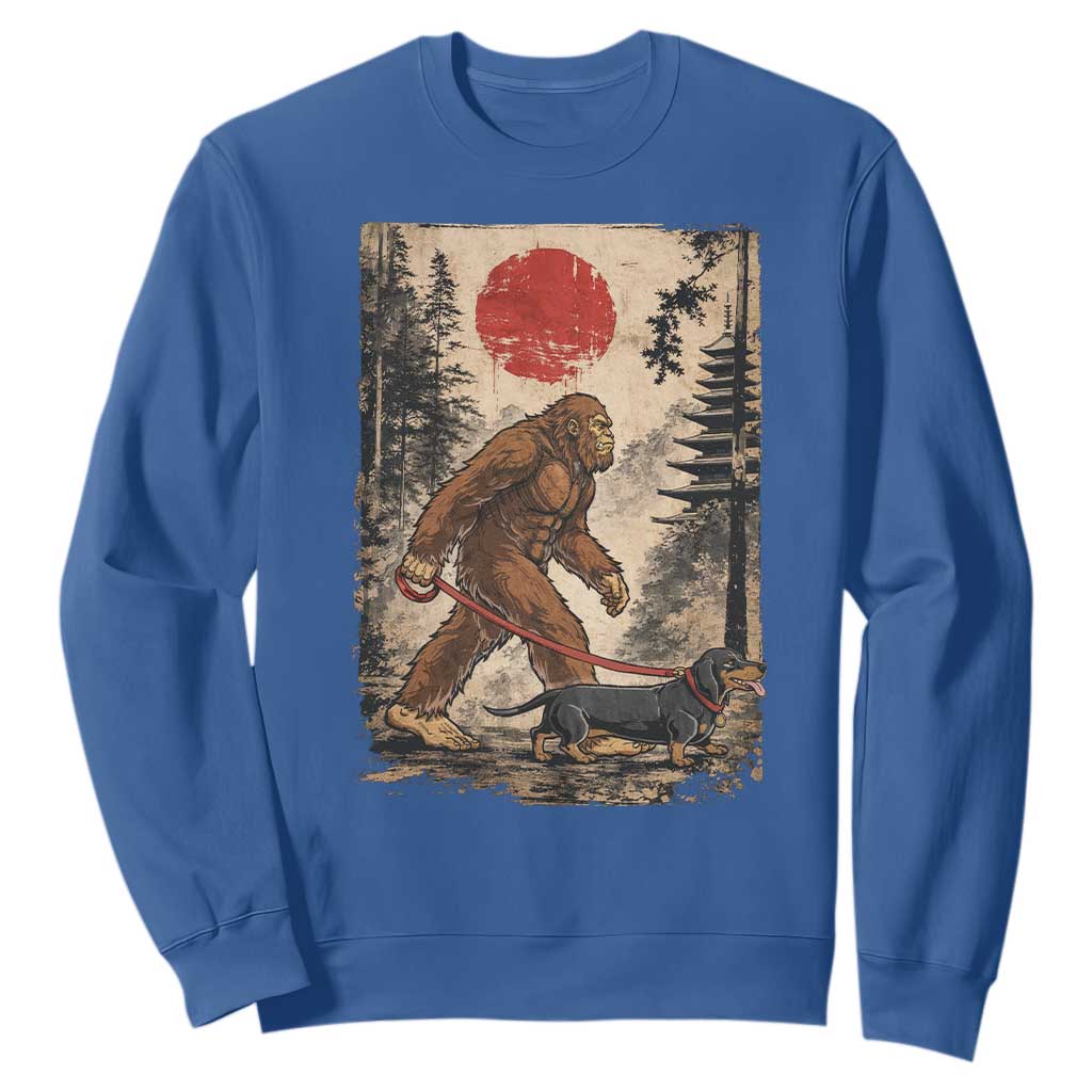 Bigfoot Dachshund Lovers Sweatshirt Japanese Vintage Graphic Ukiyo-e Art Sasquatch Wiener Dog Gift TS10 Royal Blue Print Your Wear