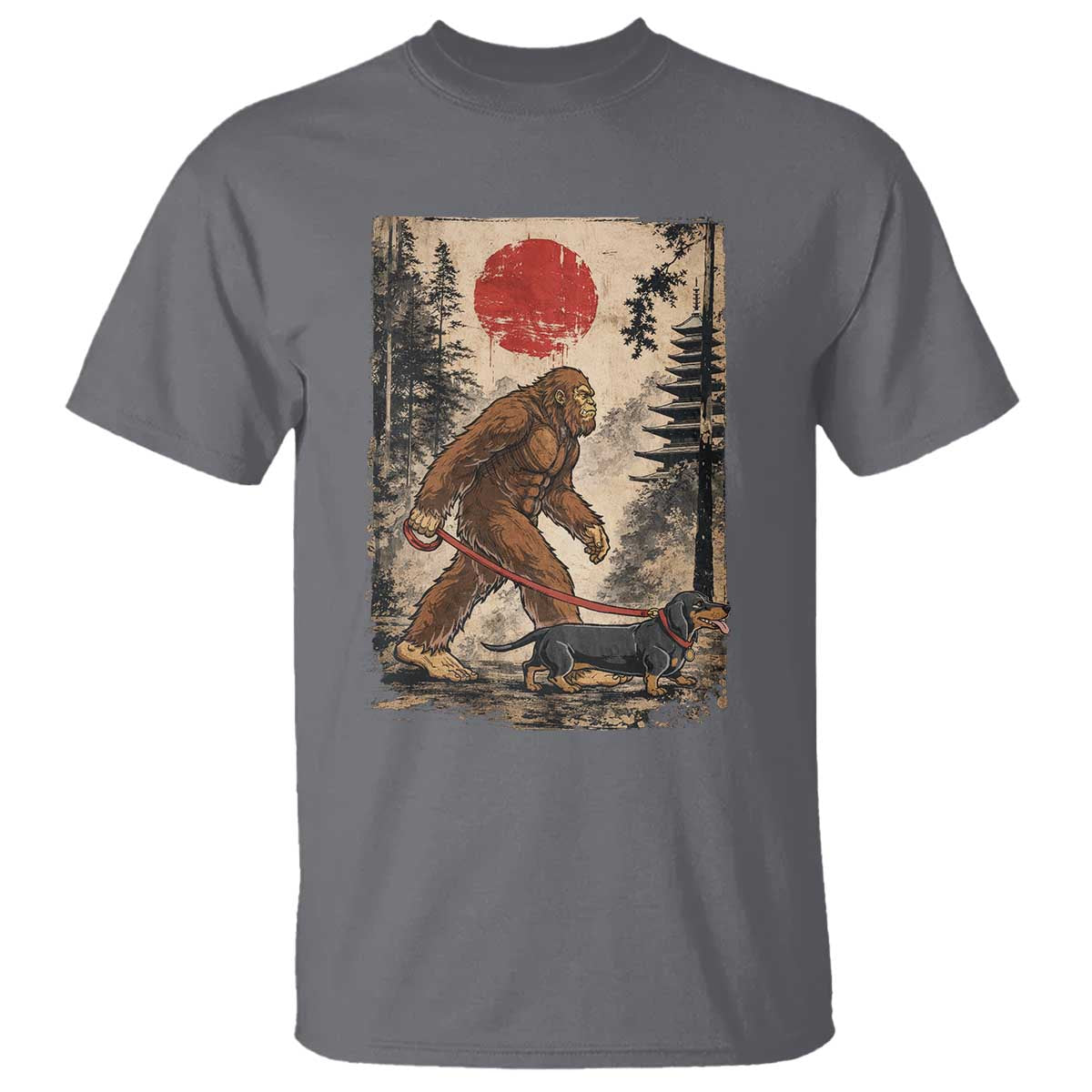Bigfoot Dachshund Lovers T Shirt Japanese Vintage Graphic Ukiyo-e Art Sasquatch Wiener Dog Gift TS10 Charcoal Print Your Wear