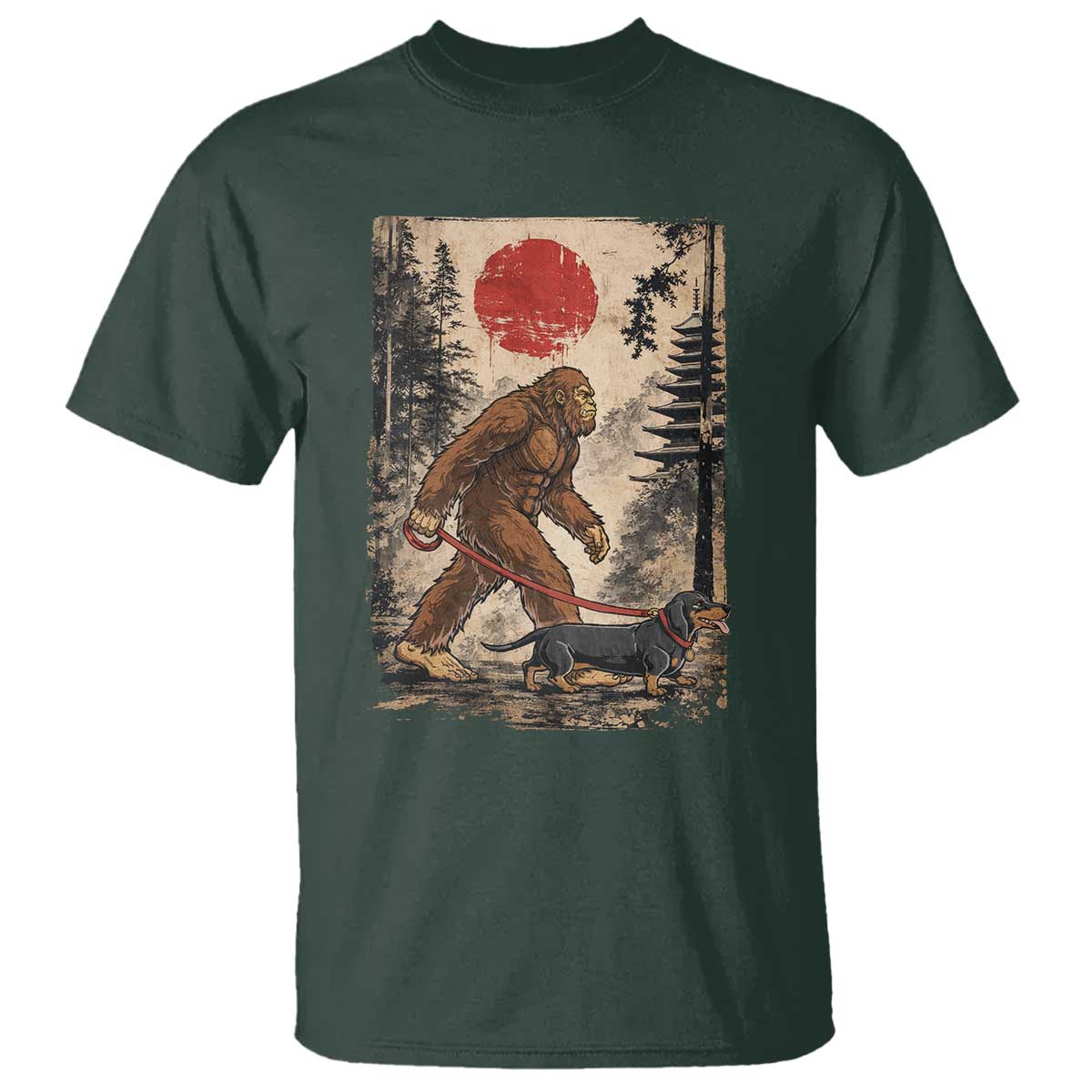 Bigfoot Dachshund Lovers T Shirt Japanese Vintage Graphic Ukiyo-e Art Sasquatch Wiener Dog Gift TS10 Dark Forest Green Print Your Wear