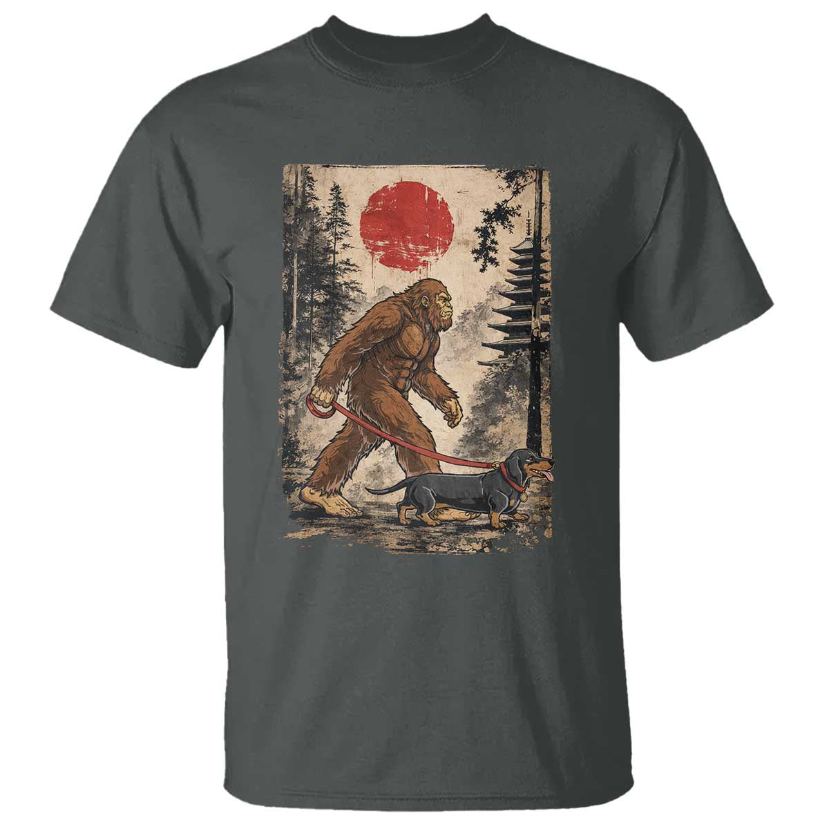 Bigfoot Dachshund Lovers T Shirt Japanese Vintage Graphic Ukiyo-e Art Sasquatch Wiener Dog Gift TS10 Dark Heather Print Your Wear