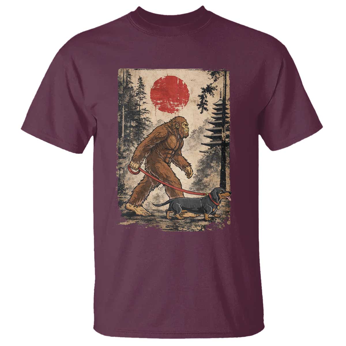 Bigfoot Dachshund Lovers T Shirt Japanese Vintage Graphic Ukiyo-e Art Sasquatch Wiener Dog Gift TS10 Maroon Print Your Wear
