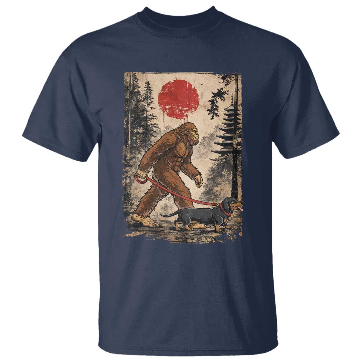 Bigfoot Dachshund Lovers T Shirt Japanese Vintage Graphic Ukiyo-e Art Sasquatch Wiener Dog Gift TS10 Navy Print Your Wear