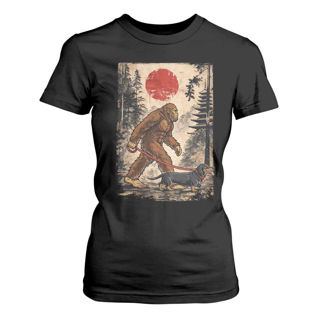 Bigfoot Dachshund Lovers T Shirt For Women Japanese Vintage Graphic Ukiyo-e Art Sasquatch Wiener Dog Gift TS10 Black Print Your Wear