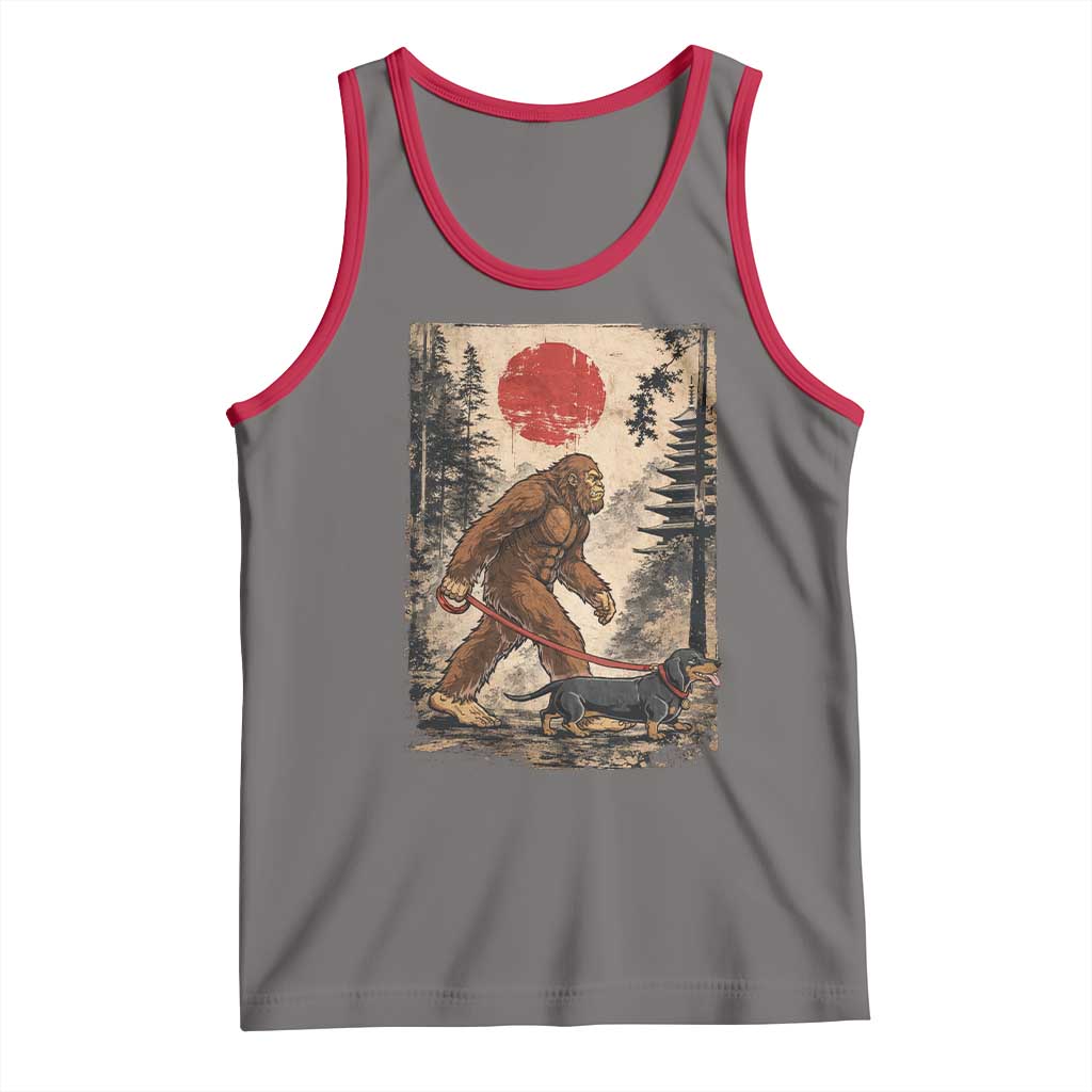 Bigfoot Dachshund Lovers Tank Top Japanese Vintage Graphic Ukiyo-e Art Sasquatch Wiener Dog Gift TS10 Deep Heather Red Print Your Wear