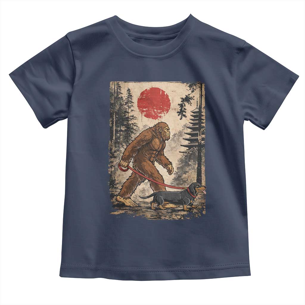 Bigfoot Dachshund Lovers Toddler T Shirt Japanese Vintage Graphic Ukiyo-e Art Sasquatch Wiener Dog Gift TS10 Navy Print Your Wear