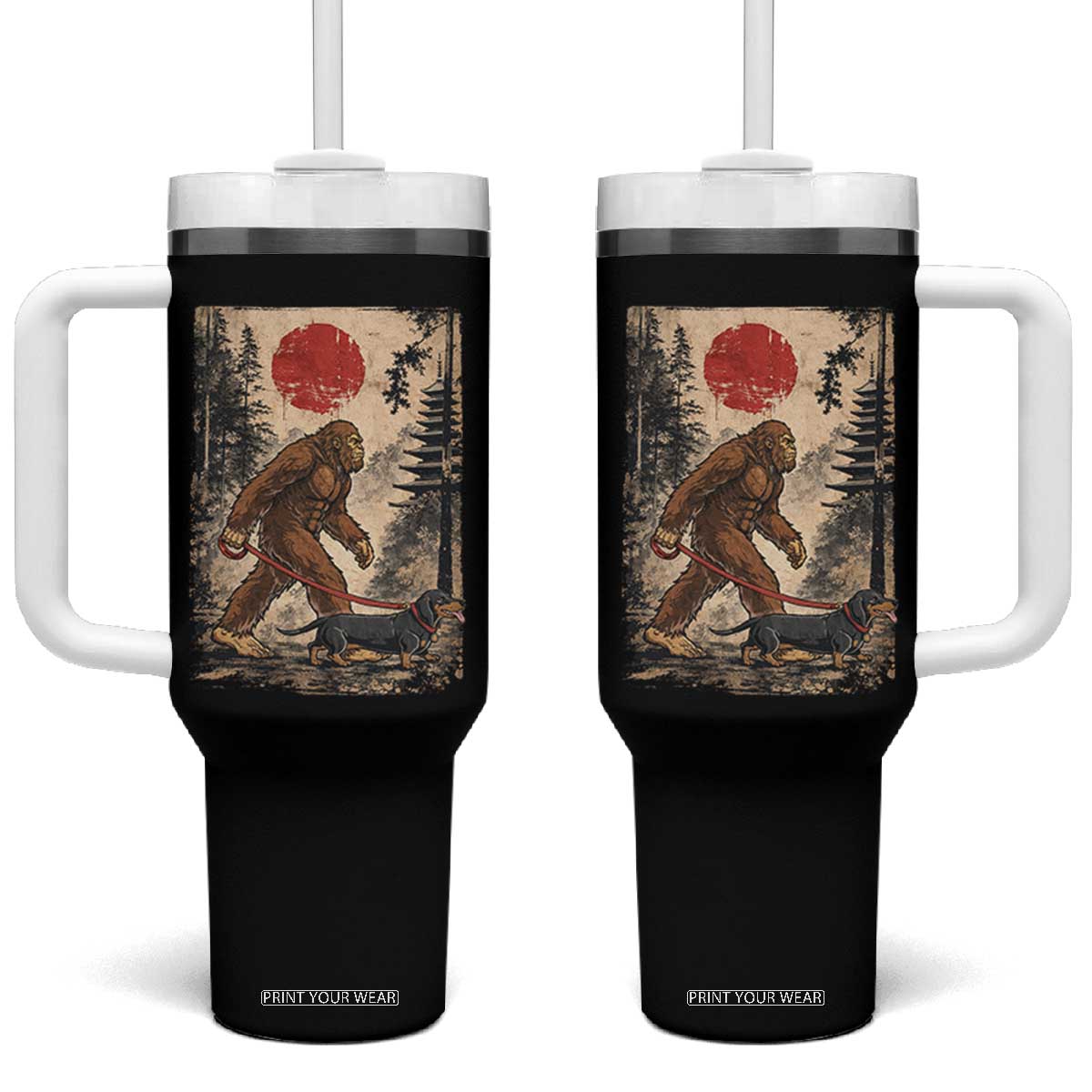 Bigfoot Dachshund Lovers Tumbler With Handle Japanese Vintage Graphic Ukiyo-e Art Sasquatch Wiener Dog Gift TS10 One Size: 40 oz Black Print Your Wear