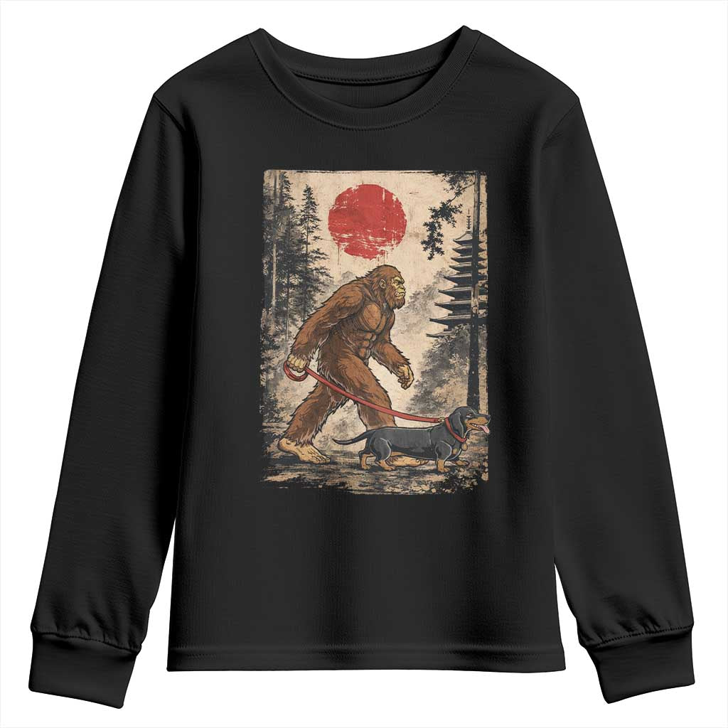 Bigfoot Dachshund Lovers Youth Sweatshirt Japanese Vintage Graphic Ukiyo-e Art Sasquatch Wiener Dog Gift TS10 Black Print Your Wear