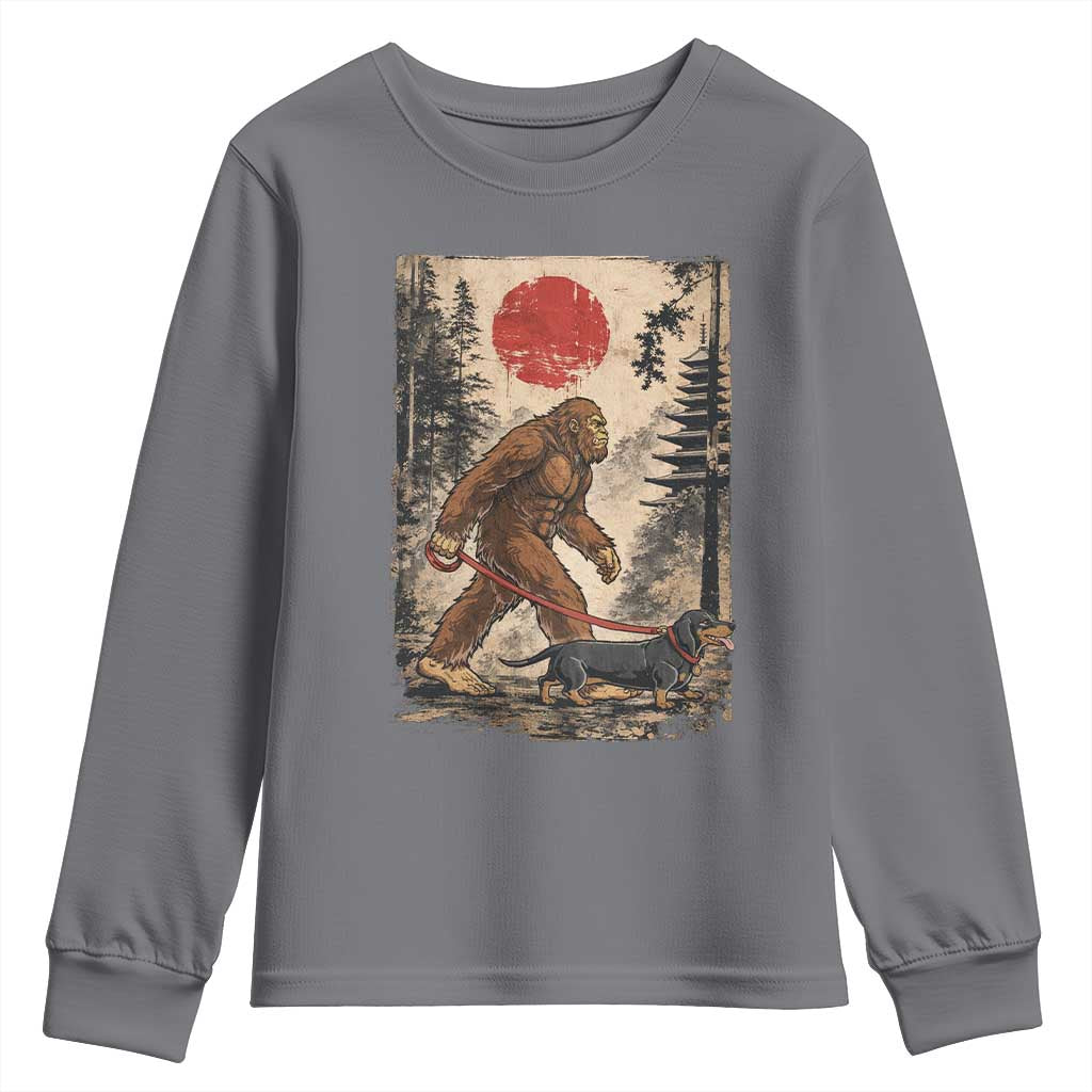 Bigfoot Dachshund Lovers Youth Sweatshirt Japanese Vintage Graphic Ukiyo-e Art Sasquatch Wiener Dog Gift TS10 Charcoal Print Your Wear