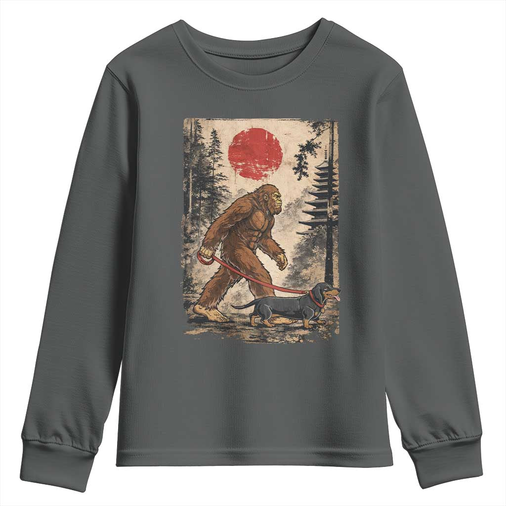 Bigfoot Dachshund Lovers Youth Sweatshirt Japanese Vintage Graphic Ukiyo-e Art Sasquatch Wiener Dog Gift TS10 Dark Heather Print Your Wear