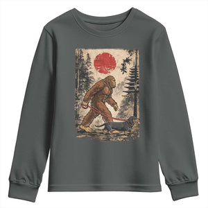 Bigfoot Dachshund Lovers Youth Sweatshirt Japanese Vintage Graphic Ukiyo-e Art Sasquatch Wiener Dog Gift TS10 Dark Heather Print Your Wear
