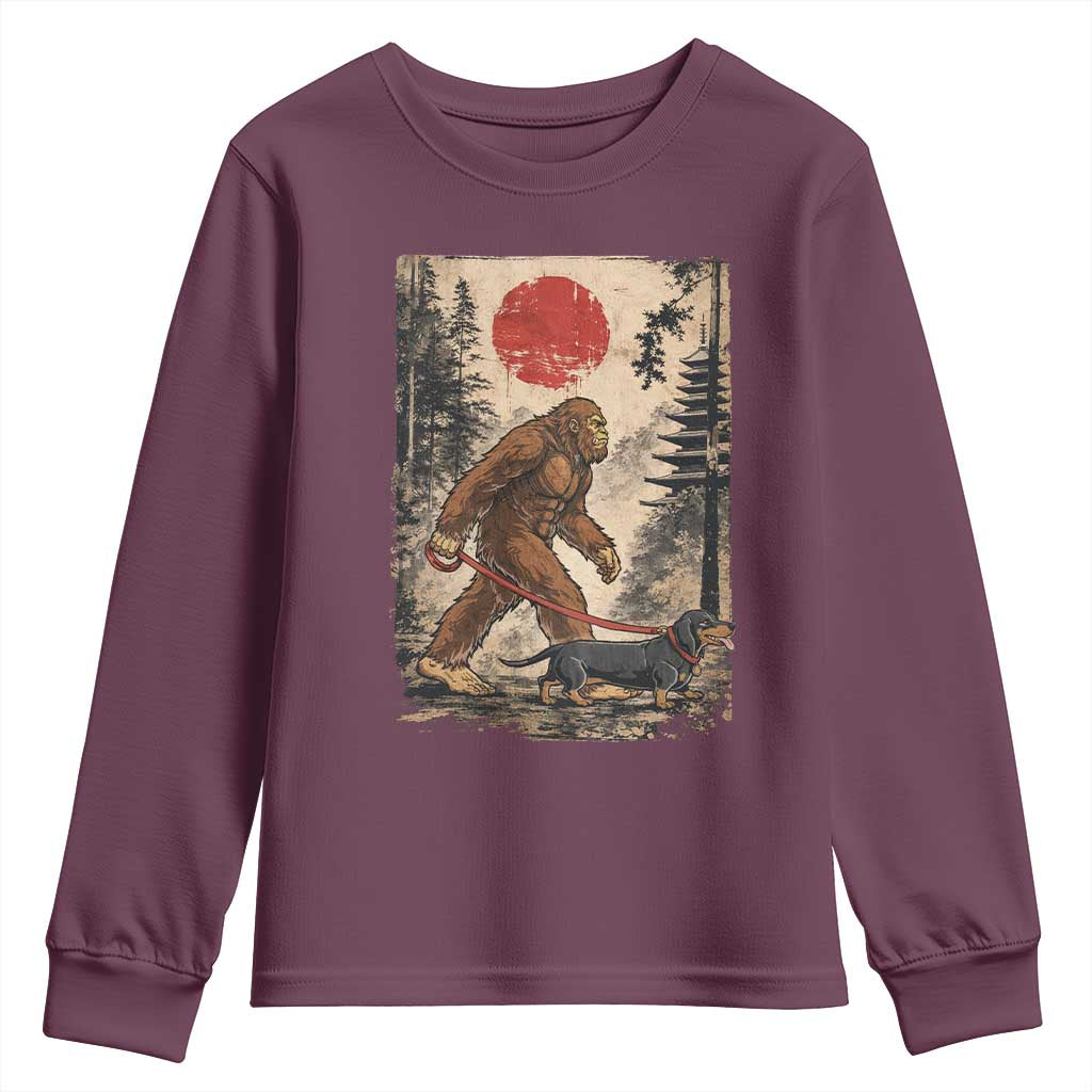 Bigfoot Dachshund Lovers Youth Sweatshirt Japanese Vintage Graphic Ukiyo-e Art Sasquatch Wiener Dog Gift TS10 Maroon Print Your Wear