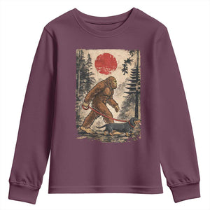 Bigfoot Dachshund Lovers Youth Sweatshirt Japanese Vintage Graphic Ukiyo-e Art Sasquatch Wiener Dog Gift TS10 Maroon Print Your Wear