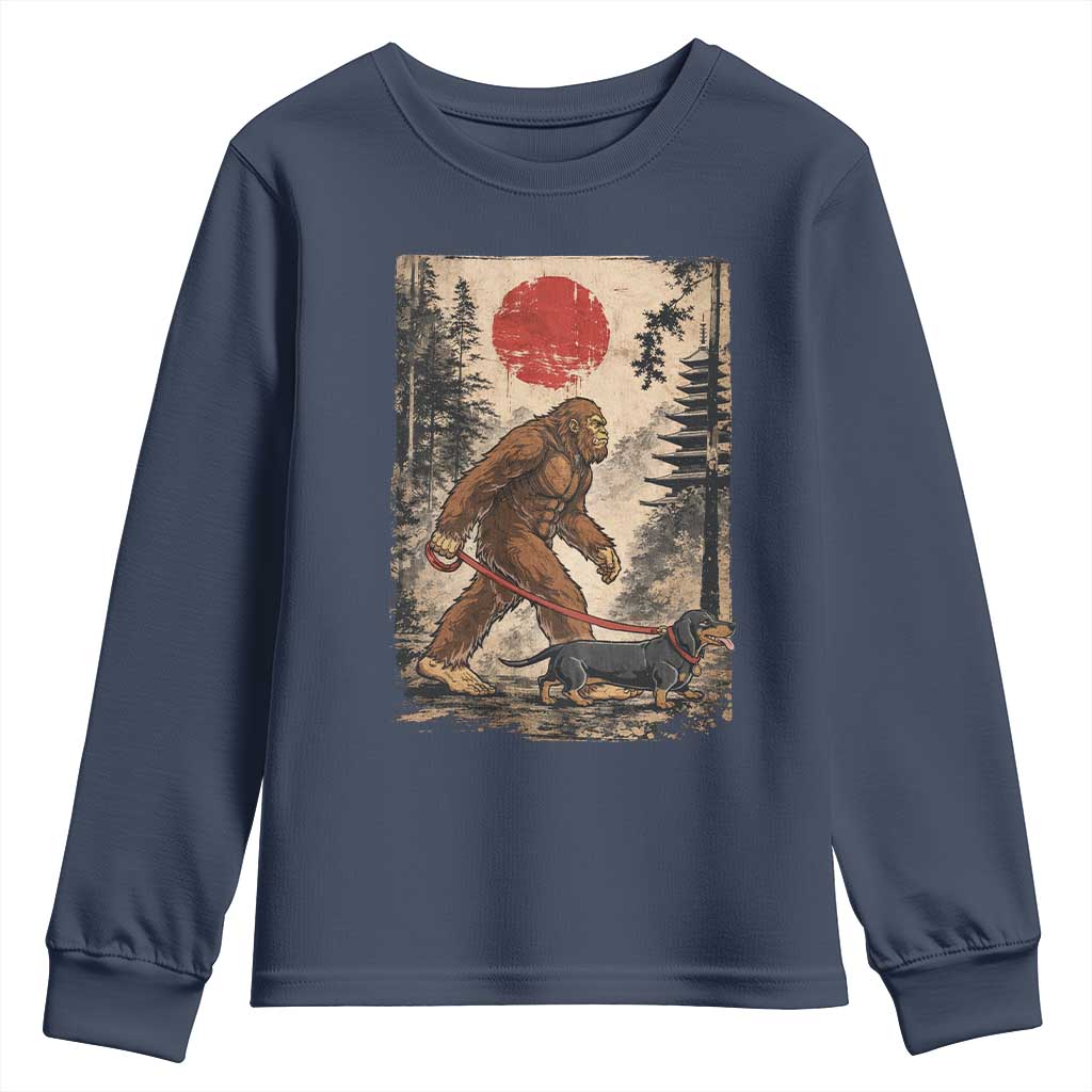 Bigfoot Dachshund Lovers Youth Sweatshirt Japanese Vintage Graphic Ukiyo-e Art Sasquatch Wiener Dog Gift TS10 Navy Print Your Wear