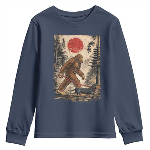 Bigfoot Dachshund Lovers Youth Sweatshirt Japanese Vintage Graphic Ukiyo-e Art Sasquatch Wiener Dog Gift TS10 Navy Print Your Wear