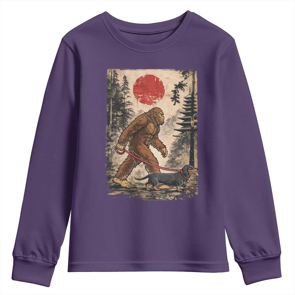 Bigfoot Dachshund Lovers Youth Sweatshirt Japanese Vintage Graphic Ukiyo-e Art Sasquatch Wiener Dog Gift TS10 Purple Print Your Wear