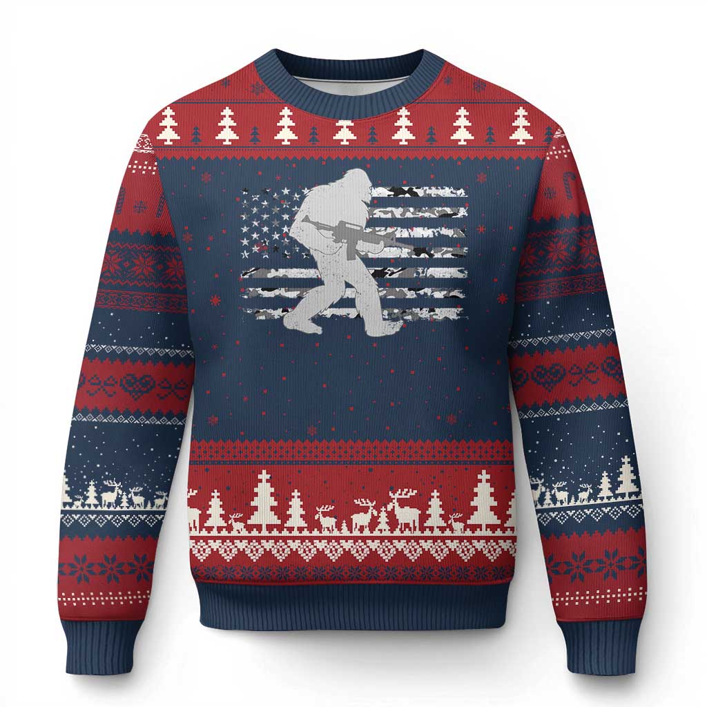 Bigfoot Gun Owner Ugly Christmas Sweater Camo US American Flag Sasquatch Rifle TS10 Navy Red Print Your Wear