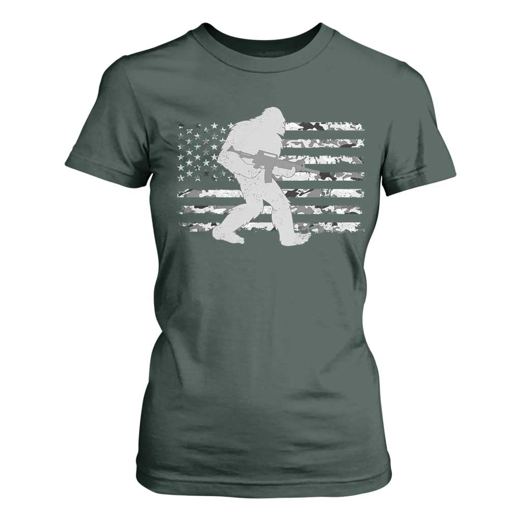 Bigfoot Gun Owner T Shirt For Women Camo US American Flag Sasquatch Rifle TS10 Dark Forest Green Print Your Wear