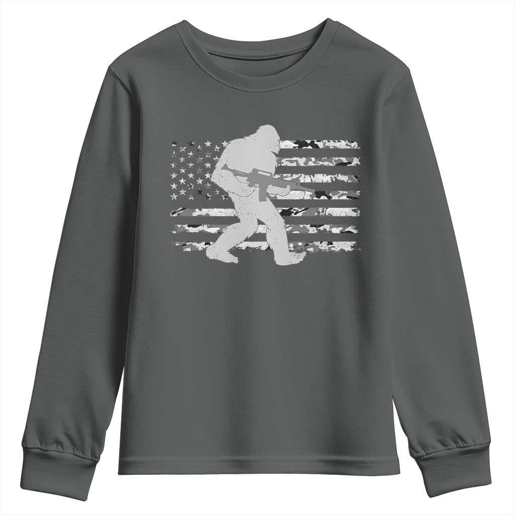 Bigfoot Gun Owner Youth Sweatshirt Camo US American Flag Sasquatch Rifle TS10 Dark Heather Print Your Wear
