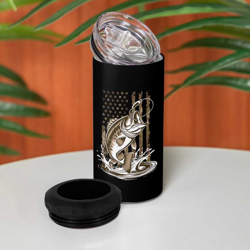 Fishing Camo 4 in 1 Can Cooler Tumbler Bass Fish American Flag Boy Men Fisherman Gift TS10 Print Your Wear