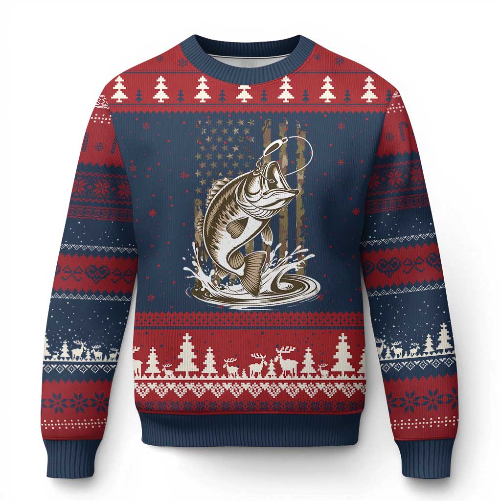 Fishing Camo Ugly Christmas Sweater Bass Fish American Flag Boy Men Fisherman Gift TS10 Navy Red Print Your Wear